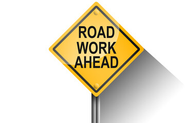 Road work ahead word on yellow road sign