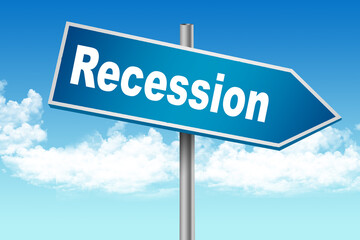 Blue road sign with recession word