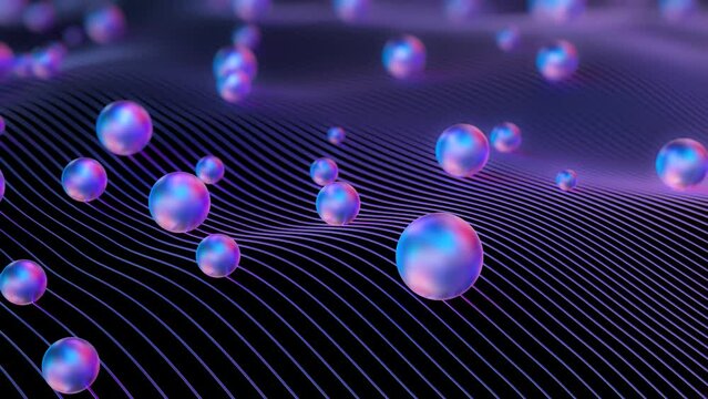 3D render of colourful shiny neon spheres sliding on waving lines with depth of field. Looped abstract minimal trandy cyberpunk neon background. Blue and purple gradients.