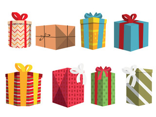 Set with many different beautiful gift boxes on white background, illustration