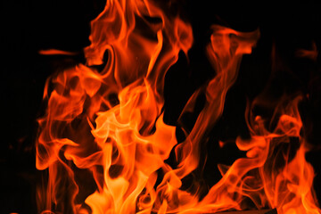  Flames on a black background. Tongues of flame, sparks close-up.fiery wallpaper.Flame. burning in bonfire. 