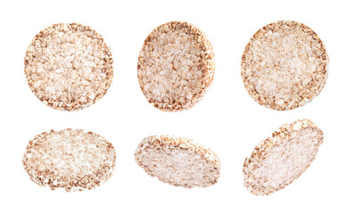Set with tasty crunchy puffed cakes on white background