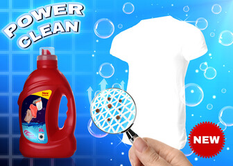 Liquid laundry detergent advertisement design. Woman looking through magnifying glass at white...