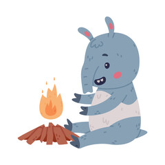 Cute Tapir Animal with Proboscis Sitting Near Burning Fire and Warming Vector Illustration