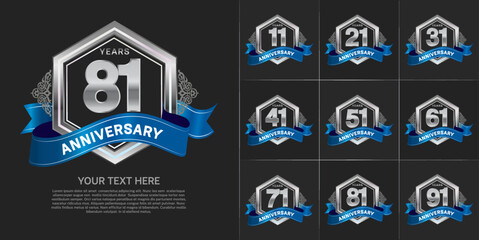set of anniversary with silver color and blue ribbon can be use for celebration event