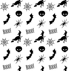 Vector seamless pattern of hand drawn flat halloween doodles isolated on white background