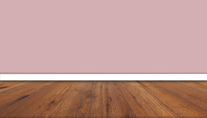 Mock-up image of dark grained hardwood floor panels leading towards a plain pink heather traditional painted wall in the background.