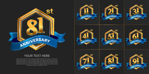 set of anniversary with gold color and blue ribbon can be use for celebration event