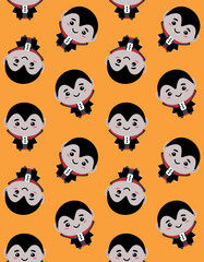 Vector seamless pattern of flat cute vampire isolated on orange background