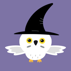 Vector flat hand drawn Halloween polar owl in witch hat isolated on purple background