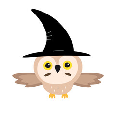 Vector flat hand drawn Halloween owl in witch hat isolated on white background