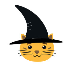 Vector flat hand drawn Halloween cat face in witch hat isolated on white background