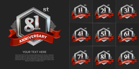 Naklejka premium set of anniversary with silver color and red ribbon can be use for celebration event