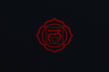 Red Muladhara chakra sacred symbol on a dark molded embossed metal industrial background