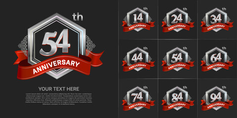 Naklejka premium set of anniversary with silver color and red ribbon can be use for celebration event