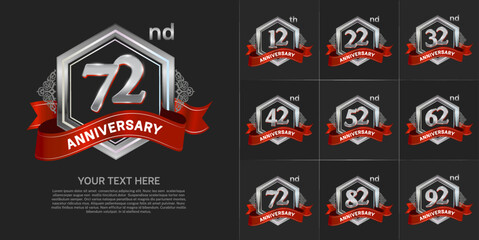 Naklejka premium set of anniversary with silver color and red ribbon can be use for celebration event