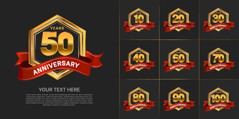 set of anniversary with gold color and red ribbon can be use for celebration event - obrazy, fototapety, plakaty