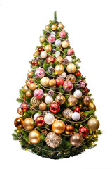 christmas tree with golden and red balls isolated on white background.