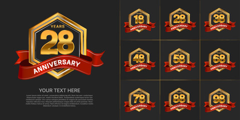 Naklejka premium set of anniversary with gold color and red ribbon can be use for celebration event
