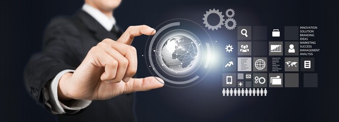 Businessman analyzing sales data, market report with economic growth chart, Business strategy and planning, Digital marketing and stock market analysis