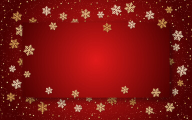 Fototapeta na wymiar Christmas and New Year bright red background with golden snowflakes and stars 