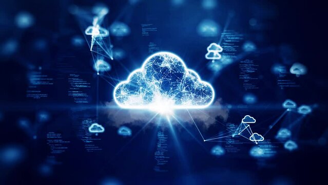 Cloud and edge computing technology concepts with cybersecurity data protection. A large cloud icon over a prominent white cloud in the center. polygon connection code on dark blue background.