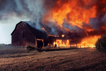 illustration of a barn on fire, Illustration of a farm on fire