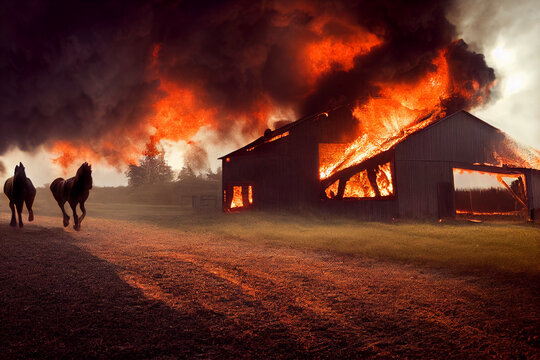 illustration of a barn on fire, Illustration of a farm on fire