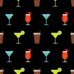 Vector Seamless Pattern of Alcohol Cocktails on Black Background