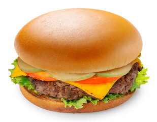 Crispy Fish Hamburger with cheese isolated on white background, Fish Hamburger on white With work path.
