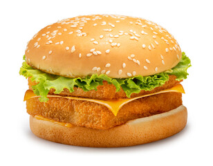 Crispy Fish Hamburger with cheese isolated on white background, Fish Hamburger on white With work...