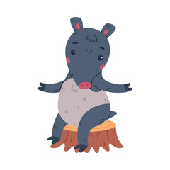 Cute Grey Tapir Animal with Proboscis Sitting on Tree Stump Vector Illustration