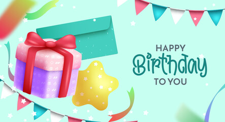 Birthday vector background design. Happy birthday greeting text with gift box, star, envelope and pennants surprise elements for invitation card decoration. Vector Illustration. 
