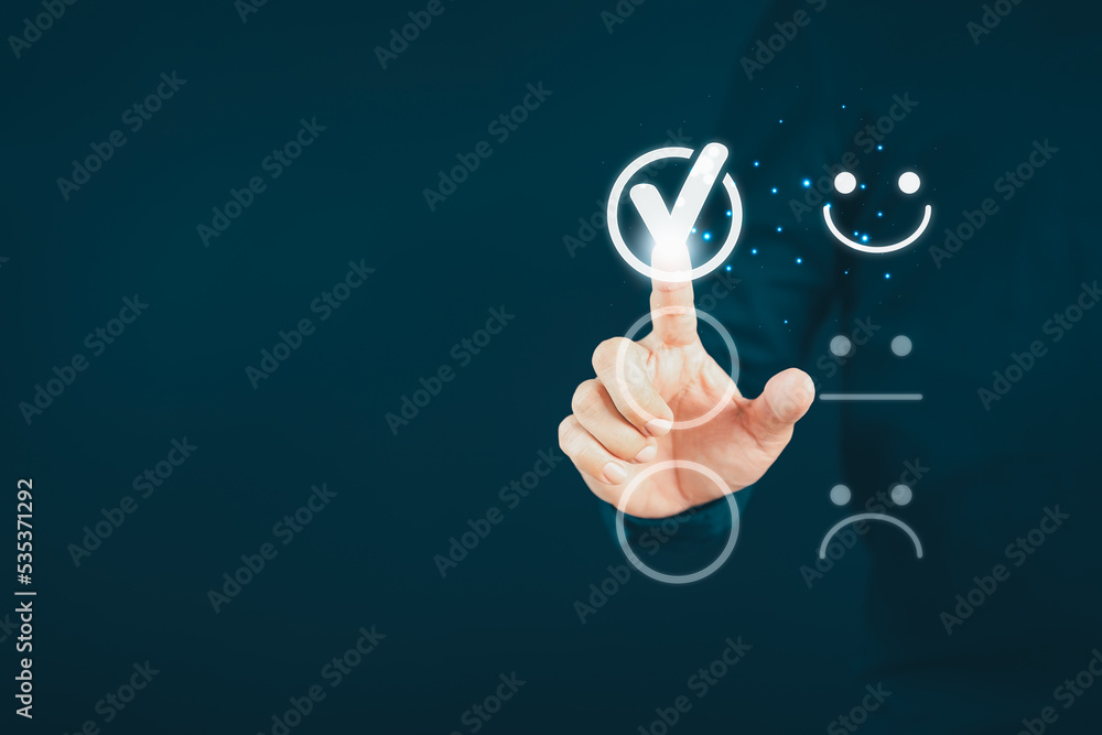 Aufkleber Man touching the virtual screen on the happy smiley face icon to give satisfaction in service. Rating very impressed. Customer service, testimonial satisfaction concept.