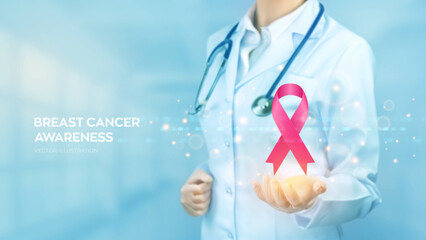 Breast Cancer Awareness Month. Doctor holding in hand the pink ribbon breast cancer awareness symbol. Healthcare, International Women day and World cancer day medical concept. Vector illustration.