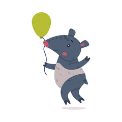 Cute Grey Tapir Animal with Proboscis Walking with Green Toy Balloon Vector Illustration