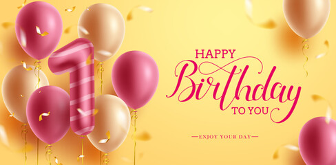 Birthday greeting vector background design. Happy birthday greeting text with balloon and number in yellow space for 1st birth day milestone celebration. Vector illustration. 
 - obrazy, fototapety, plakaty