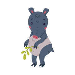 Cute Grey Tapir Animal with Proboscis Standing with Green Twig Vector Illustration