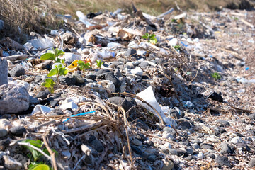 Plastic waste pollution environmental disaster, impacting the ocean environment and nature, various...