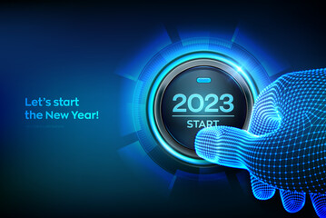 2023 start. Finger about to press a button with the text 2023 start. Happy new year. New Year two thousand and twenty one is coming concept. Vector illustration.