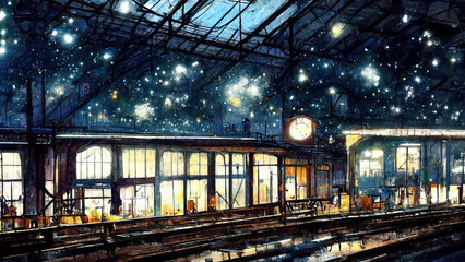 Old fashioned railway train, dynamic light, Beautiful Fantasy Landscape, Comic Style Art Illustration