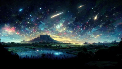 Zelfklevend Fotobehang Night with galaxy, Movie Atmosphere, Beautiful Colorful Landscape, Anime Comic Style Art Illustration. © Uomi