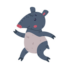 Cute Grey Tapir Animal with Proboscis Running Vector Illustration