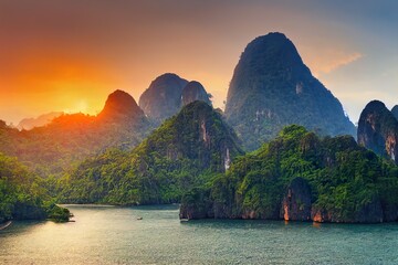 Beautiful panorama landscape with dramatic sunset, tropical rainforest and steep mountain ridge on horizon. Krabi, Thailand