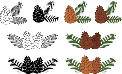 Fototapeta premium Pinecone & Needle Branch Design Clipart - Outline, Silhouette and Color
