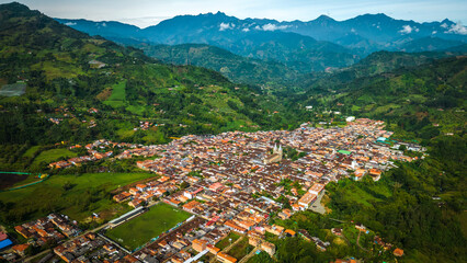 Fototapeta na wymiar Aerial Drone Above Jardin Church Basilica of the Immaculate Conception Colombia near Antioquia Medellin Catholic Colonial Traditional Village