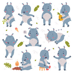 Cute Tapir Animal with Proboscis Engaged in Different Activity Vector Set
