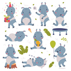 Cute Tapir Animal with Proboscis Engaged in Different Activity Vector Set