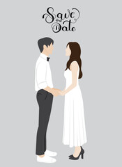 Wedding invitations card with cute couple bride and groom cartoon vector illustration