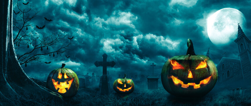 Pumpkin zombie Rising Out Of A Graveyard cemetery and church In Spooky scary dark Night full moon bats on tree. Holiday event halloween banner background concept.